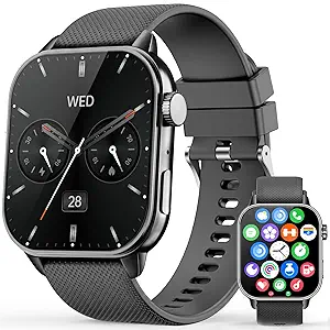 Smart Watches for Men Women, 1.85'' AMOLED HD Fitness Tracker with 100+ Sports Modes, Smartwatches with Bluetooth Call/Heart Rate/Sleep Monitor/Pedometer, IP68 Waterproof Watch for Swimming, Black
