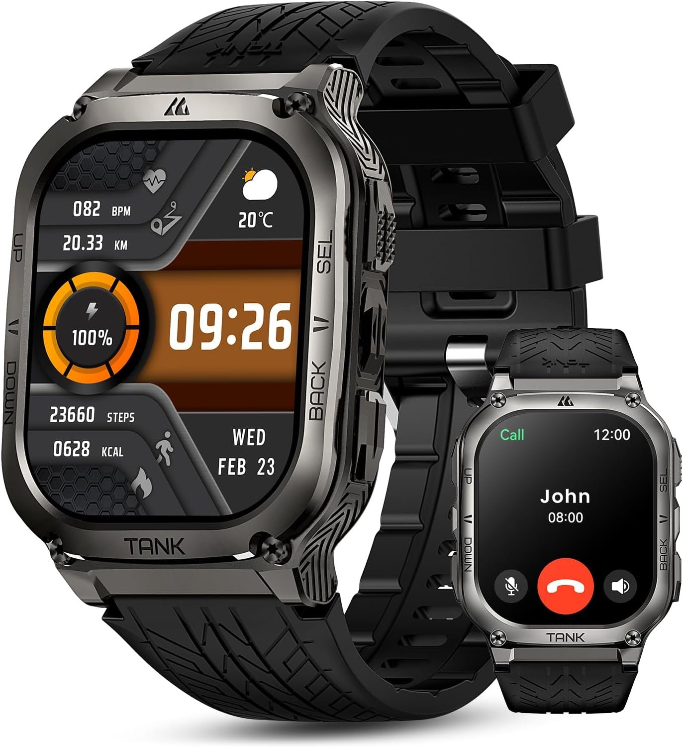 AMAZTIM Smart Watch, 60 Days Extra-Long Battery, 50M Waterproof, Rugged Military Bluetooth Call(Answer/Dial Calls), 2.0" Ultra Large HD Display, AI Voice Assistant (Shiny Black)