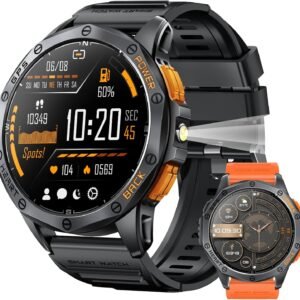 Military Smart Watches Built-in GPS, 170+ Sport Modes for Men with Flashlight, Smartwatch for Android Phones and iPhone, 1.43" AMOLED Screen Bluetooth Call Compass Altimeter (Black & Orange (2 Bands))