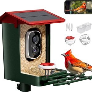 Smart Bird Feeder with Camera Solar Powered, 2K HD Video, AI Bird Species Identification, Instant Arrival Alerts, Weatherproof Design for Effortless Birdwatching, Best Gift for BirdLovers, Red