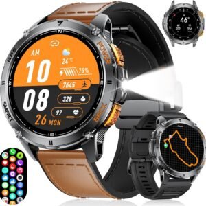 GPS Smart Watch for Men with LED Flashlight, 530mAh Extra Large Battery, 1.43'' AMOLED Military Smartwatch Answer/Make Call with Heart Rate SpO2 Sleep Monitor for Android iOS Brown