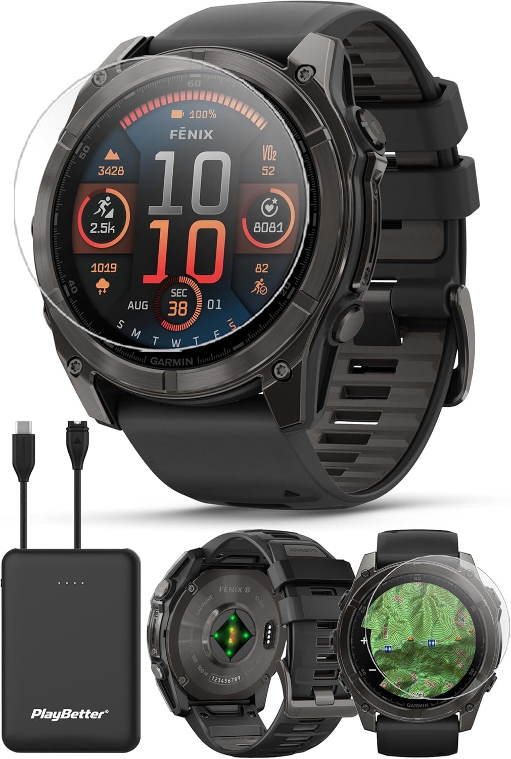 PlayBetter Garmin Fenix 8 AMOLED Sapphire (51mm, Carbon Gray DLC Titanium) Multisport GPS Smartwatch Bundle - 1.4” Touchscreen, Built-in LED Flashlight Charger & Screen Protectors
