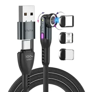 Statik 360 Pro Magnetic Charging Cable - Type C Charger Fast Charging 3 in 1 USB C to USB C Cable, Micro USB & iProduct Tips, USB A Adapter, Fits All Devices - 100W Fast Charger, Black 10FT/3M