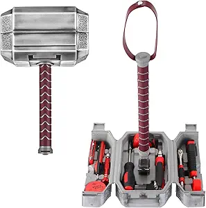 Thor Hammer Tool Box, 28pcs Multifunctional Home Repair Tool Set Excellent Hand Tool Novelty Gift for Men as Father's Day Prop Hammer (Silver)