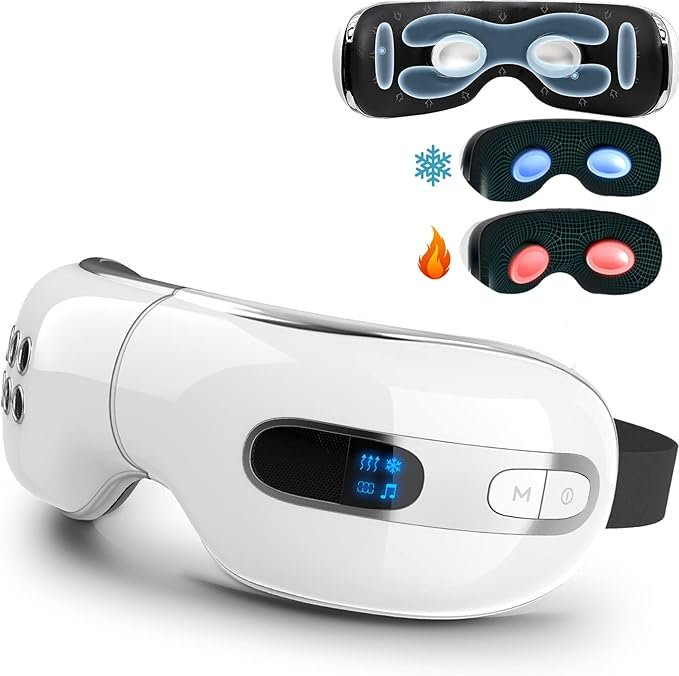 Eye Massager with Heat and Cooling for Migraines, Dry Eyes, Dark Circles, Rechargeable Bluetooth Music Cold Heated Eye Massager Improve Sleeping - Gifts for Women and Men (White) Visit the fmlave Store