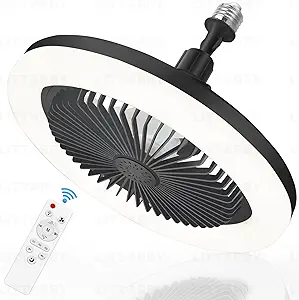 Socket Fan Light with Remote Control, 3 Colors 3000K-6500K Dimmable LED Light Bulb Fan Screw in Ceiling Fan for Bedroom, Kitchen, Storage Room, Closet, Wireless Small Ceiling Fans with Lights - Black Brand: LITTARBY
