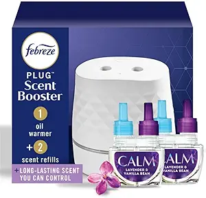 Febreze Plug Scent Booster Starter Kit, Oil Diffuser, Air Freshener Plug in, Continuous Scent Device + 2 Downy Calm Refills