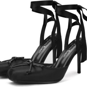 FancyQueen Ballet Heels for Women Stiletto Slingback Heels Satin Strappy Bow Square Toe High Heel Pumps Lace Up Mary Janes Elegant Party Shoes
