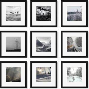 12x12 Picture Frame Set of 9, Photo Gallery Wall Frame Set, Display Pictures 8x8 with Mat or 12 x 12 Without Mat, Square Frame Picture Frames Collage Wall Decor, Black