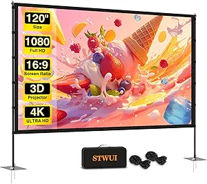 Outdoor-Projector-Screen-with-Stand - 120 inch Portable Projector Screen Indoor Outdoor Projector Screens 16:9 4K HD Lightweight Movie Screen with Carry Bag for Backyard Movie Night