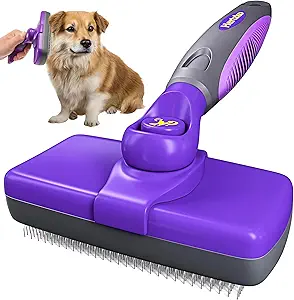 Hertzko Self Cleaning Slicker Brush for Dogs and Cats - Skin Friendly Pet Hair Brush for Shedding Long and Short Hair - Easy Clean Retractable Bristles - Cat and Dog Grooming Tool - Purple