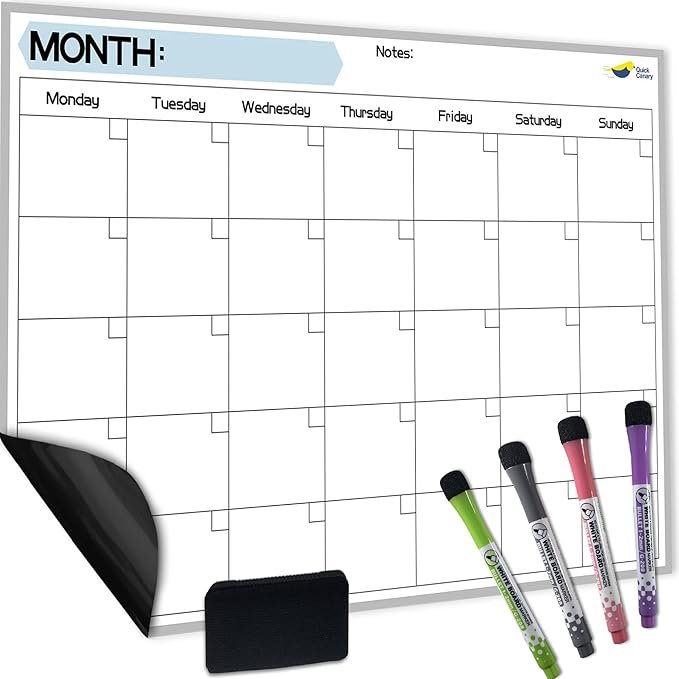 Monthly Magnetic Calendar for Refrigerator - 17x12” Dry Erase Fridge Calendar Magnet - Starts Monday, Organizes 2025 Schedules, Chores, Meals, More - Whiteboard with 4 Markers & Eraser by Quick Canary
