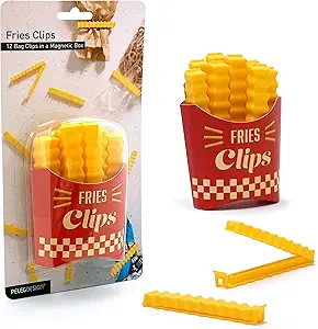 Fries Clips: 12 Cute French-Fries-Shaped Bag Clips to Seal Opened Food Packages | Fun Bag Clips for Food in a Magnetic Box to Always Be at Hand | Cute Kitchen Accessories by Peleg Design