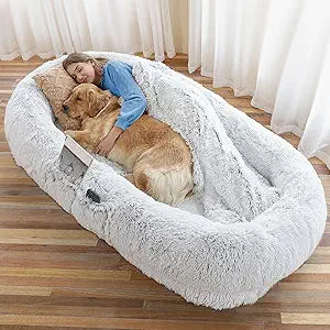 Human Dog Bed for Adults & Pets, 71"x45"x12" Washable Faux Fur Pet Sofa, Orthopedic Cushion with Pillow, Blanket & Strap, Grey