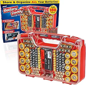 Ontel Battery Daddy Storage & Organizer Case with Tester, Stores & Protects Up to 180 Batteries, Double-Sided, Durable Design with Clear Locking Lid, Secure Latches & Portable Carrying Handle - R